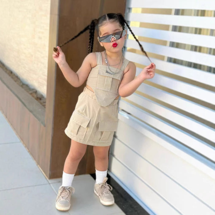 Wholesale Tube Top Suspenders Multi-pocket Short Skirt Children's Suit JDC-CTS-YaYaMi042