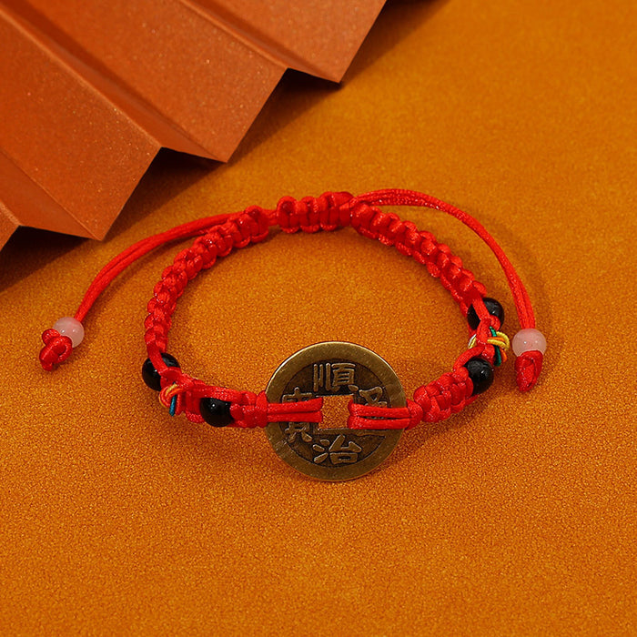 Wholesale Hand woven Five Emperors Money Red Rope Bracelet for the Year of Destiny, Attracting Wealth and Praying for Blessings, Copper Money Hand Rope Wholesale
