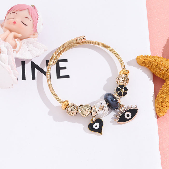 Wholesale Stainless Steel Evil Eye Beaded Bracelet with Heart Pendant,  Fashion Jewelry Accessory for Women