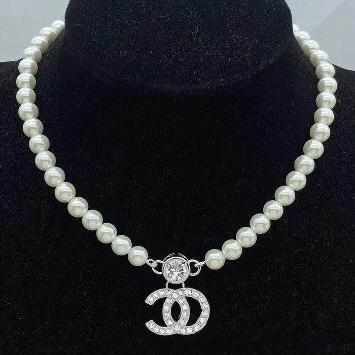Wholesale Double C letter enamel camellia pearl long necklace