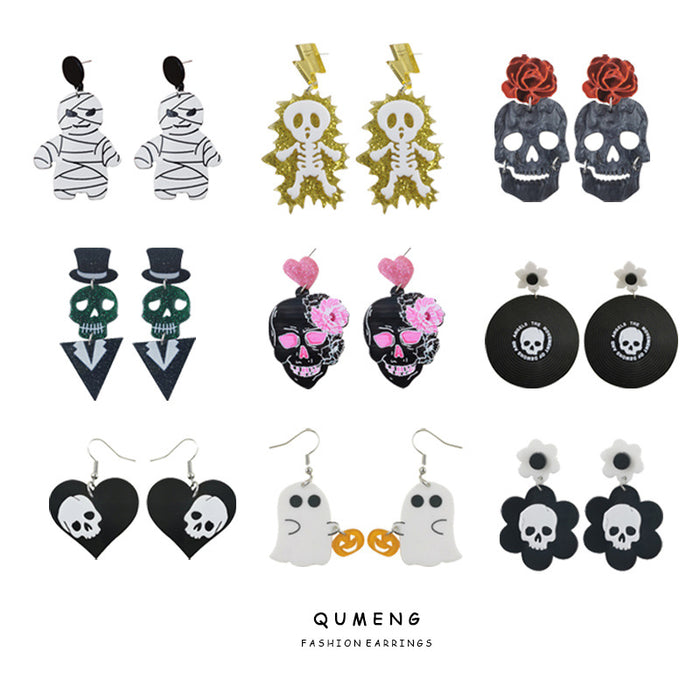 Wholesale Halloween Series Skull Ghost Death Flower Love Acrylic Printing Earrings JDC-ES-QingM001