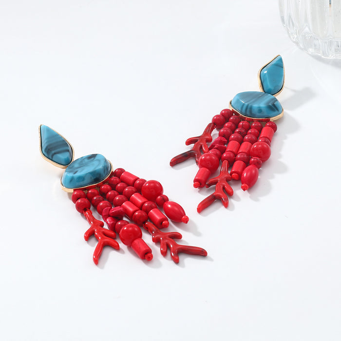 Wholesale Red Branch Tassel Multi-Layer Turquoise Earrings Resort Style Earrings
