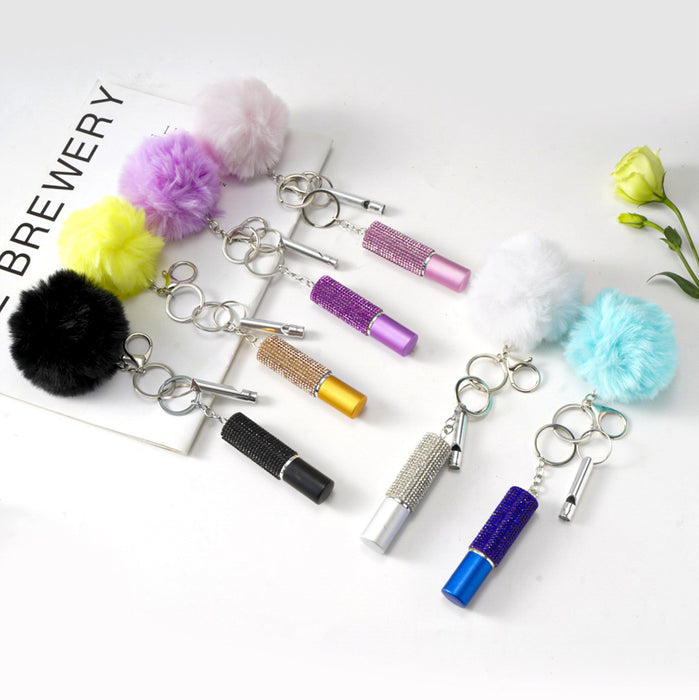 Wholesale Plastic Pressed Perfume Bottle Diamond Keychain Fur Ball 3-Piece Set JDC-KC-ZY041