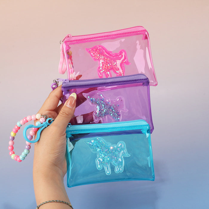 Wholesale Waterproof Unicorn PVC Transparent Card Bag With Quicksand Design Pink Bead Chain Coin Purse