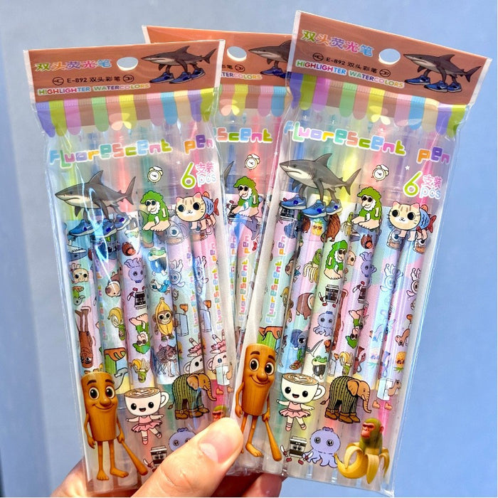 Wholesale 6pcs/ set Cartoon Dual-Tip Highlighter set
