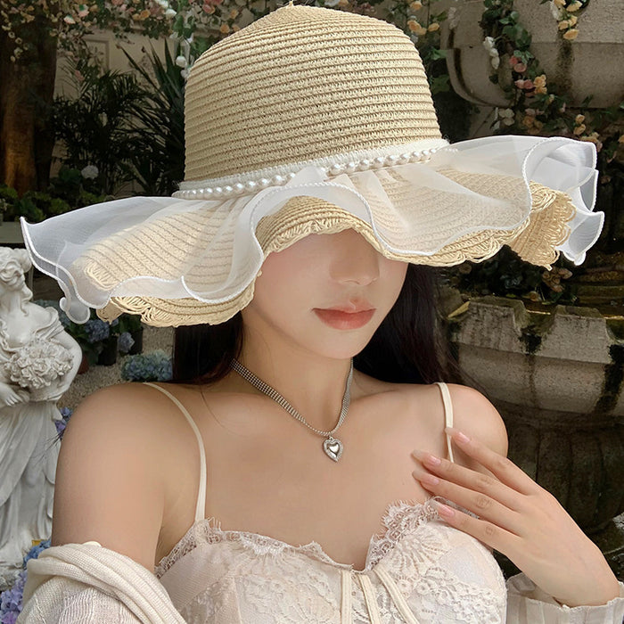 Wholesale Lace straw hat with large brim, outdoor UV resistant straw woven sun hat