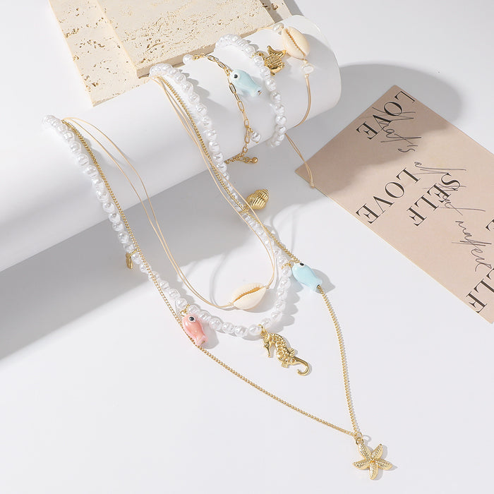 Wholesale Starfish Shell Fish Multi layer Necklace Women's Pendant Necklace Bracelet Necklace Set