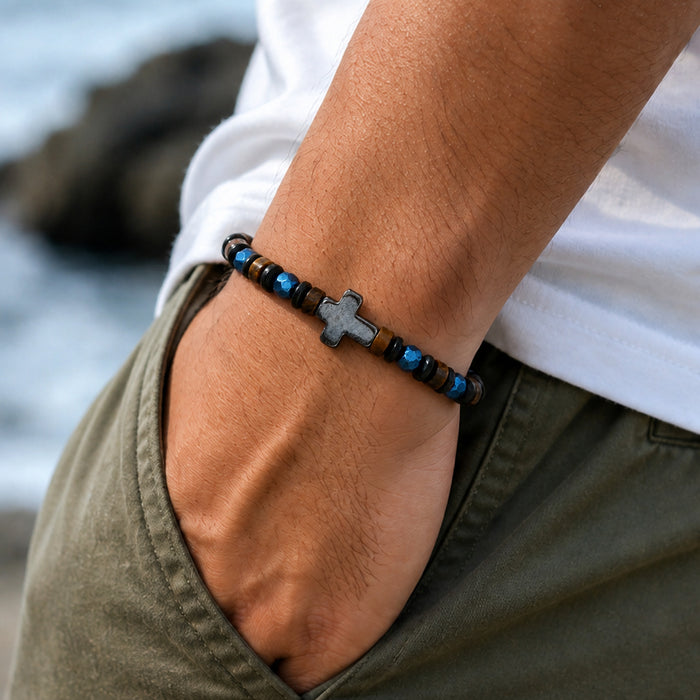 Wholesale Men S Cross Beaded Bracelet Adjustable Knot Blue Black Mix Fashion Jewelry Accessory Gift