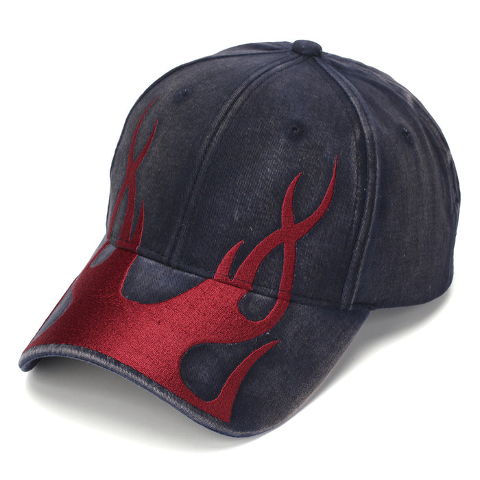 Wholesale Flame Embroidery Washed Baseball Cap Vintage Street Style Curved Brim Hats Unisex