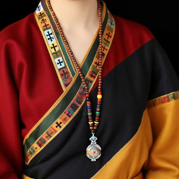 Wholesale Retro ethnic style long wooden sweater chain Bodhi pendant wooden bead necklace Tibetan cotton and linen pendant Buddhist beads necklace