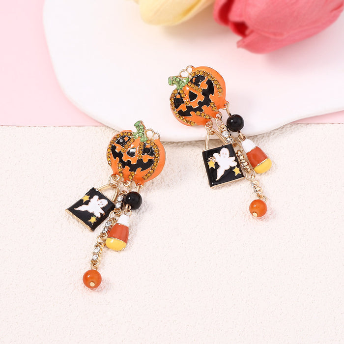 Wholesale Halloween Alloy Inlaid Zircon Pumpkin Skull Tassel Earrings JDC-ES-YueLi025