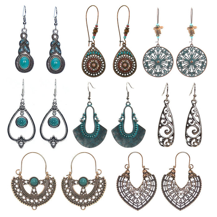 Wholesale Bohemian Turquoise Drop Earrings Alloy Electroplated Geometric Design MOQ≥2