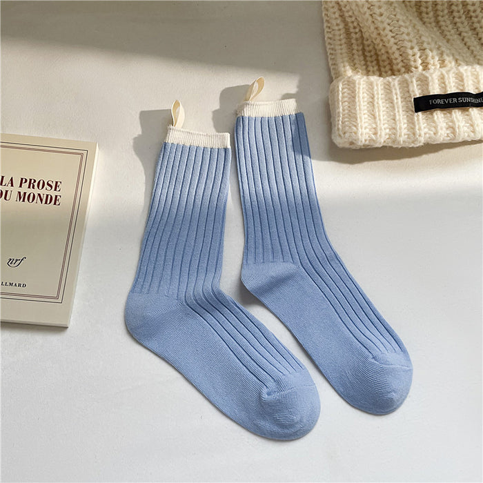 Wholesale Color blocking fabric standard socks, college style versatile pile socks, trendy cotton socks