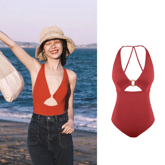 Wholesale Retro slim fit sexy neck hanging suspender beach one-piece swimsuit