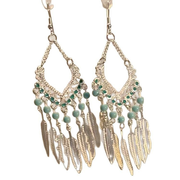 Wholesale Feather long tassel earrings with retro and niche design, fashionable and exquisite ear hooks