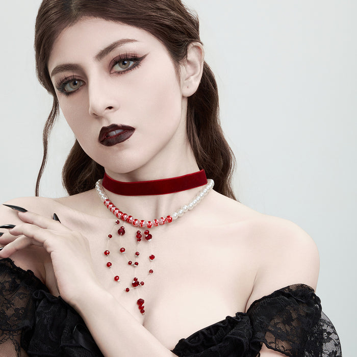 Wholesale Jewelry Gothic Pearl Necklace choker Halloween Blood Drops Tassel Crystal Clavicle Chain