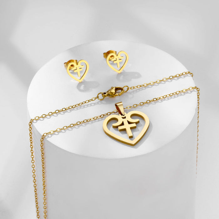 Wholesale Amazon's new stainless steel hollow heart cross necklace earring set smooth jewelry wholesale