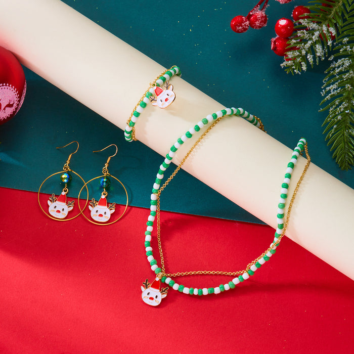 Wholesale Christmas Snowflake Elk Pendant Women' s Retro Color block Rice Bead Christmas Party Necklace Bracelet Set