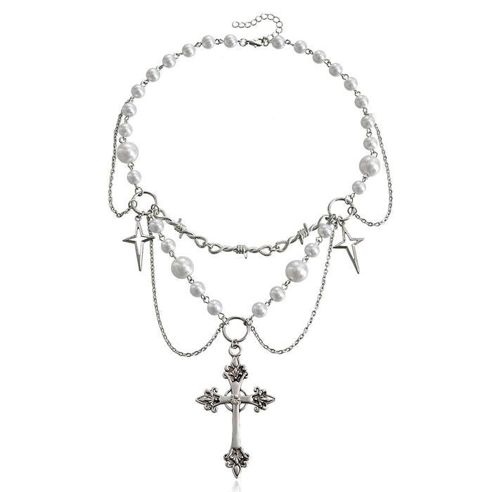 Wholesale Niche design double-layer high-gloss pearl tassel cross star cross necklace for women
