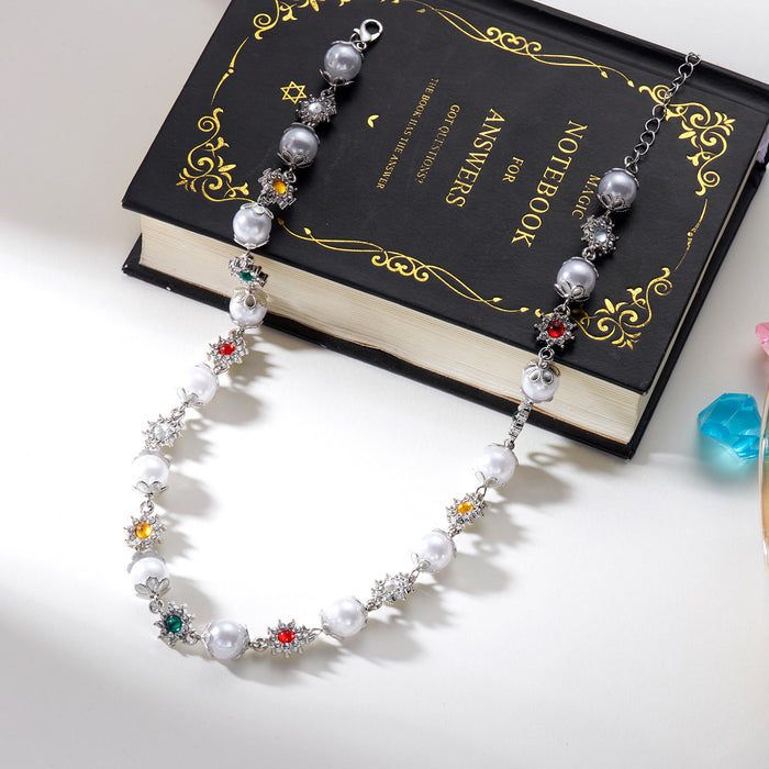 Wholesale niche diamond pearl ing necklace female design sense pearl colored diamond flower necklace