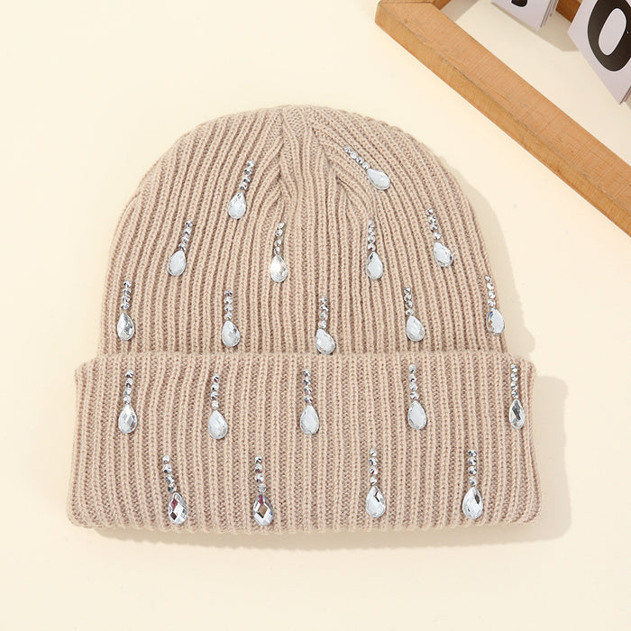 Wholesale Pearl sparkling diamond knitted hat,  double-layer outdoor warm woolen hat