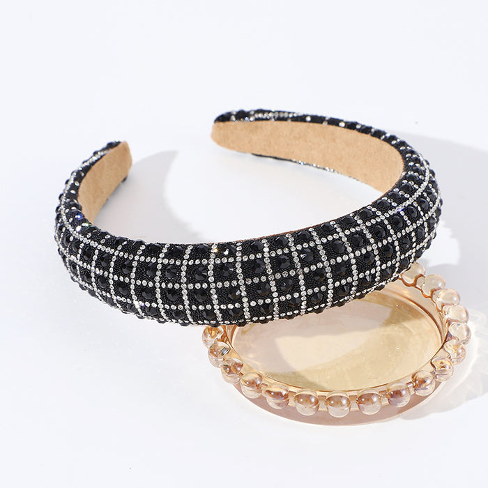Wholesale New all-inclusive solid color plaid rhinestone headband full of diamonds simple and versatile temperament sponge headband hair pressing headdress