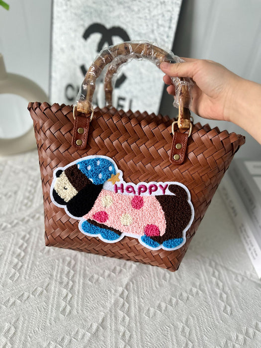 Wholesale Dachshund Striped Straw Bag Retro Woven Vegetable Basket Small Square Bag Commuter Tote Bag Shoulder Bag Cross-Border