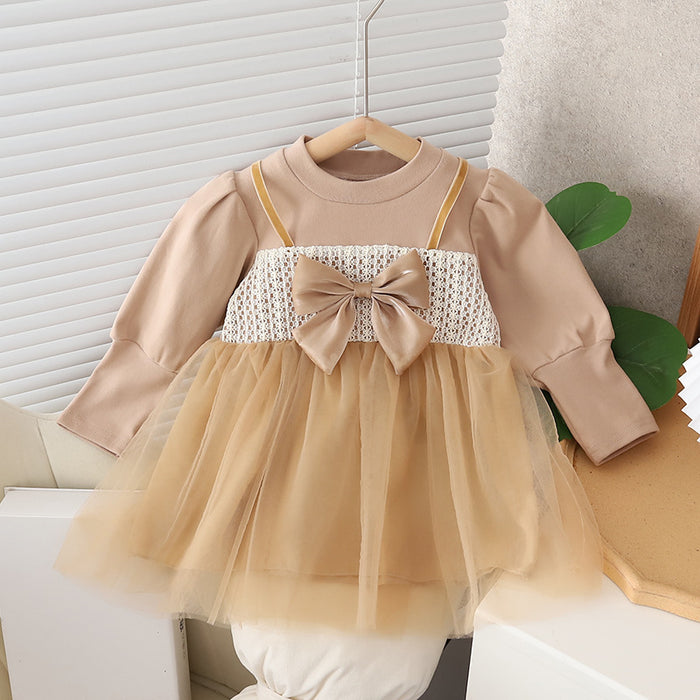 Wholesale Girls Autumn Dress Small Children's Hepburn Style Fashionable Dress Little Girl Puff Sleeve Bow Mesh Skirt JDC-CTS-MianY014