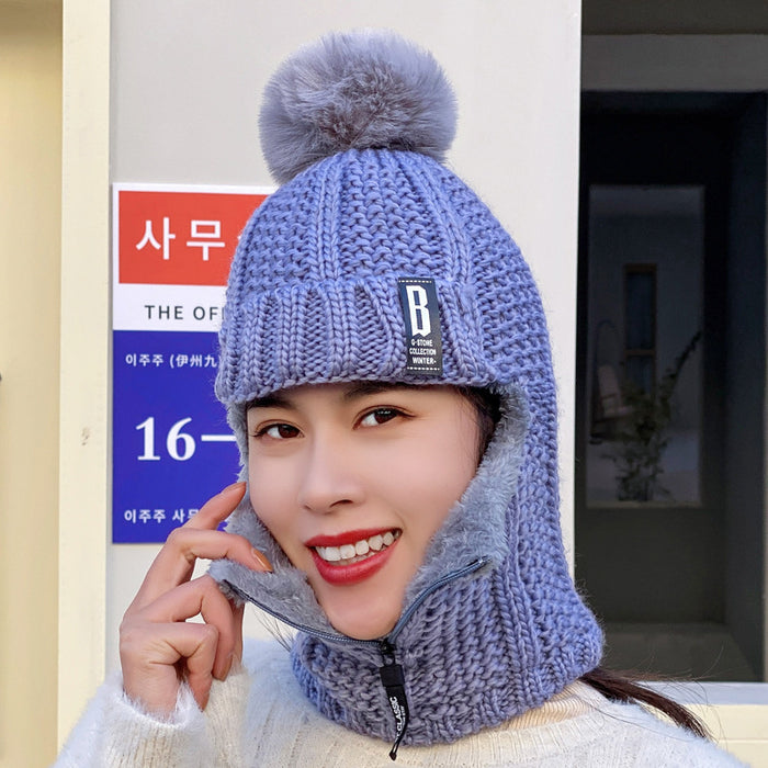 Wholesale Winter Women's Knitted Velvet Pullover Ear Protection Hat Zipper Scarf Fashionhat JDC-FH-JW001