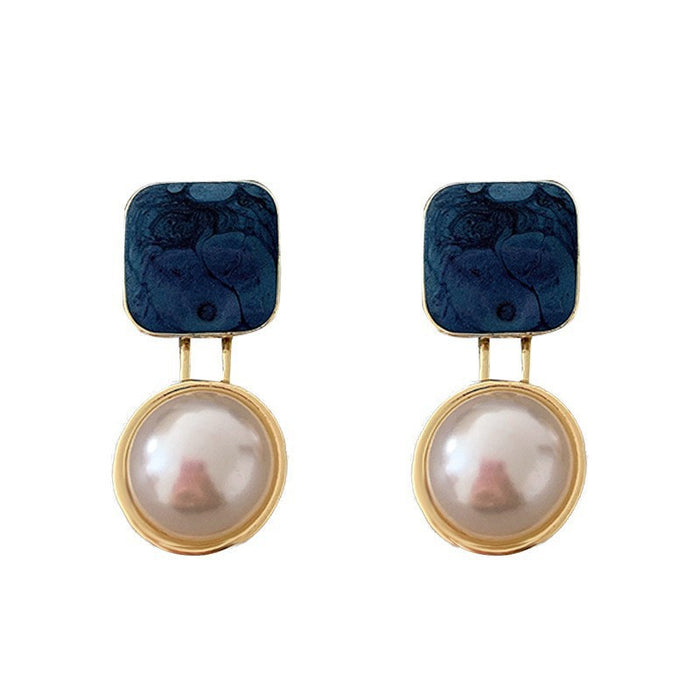 Wholesale Square blue drop oil pearl earrings are fashionable, high-end, elegant, geometric earrings are fashionable and atmospheric