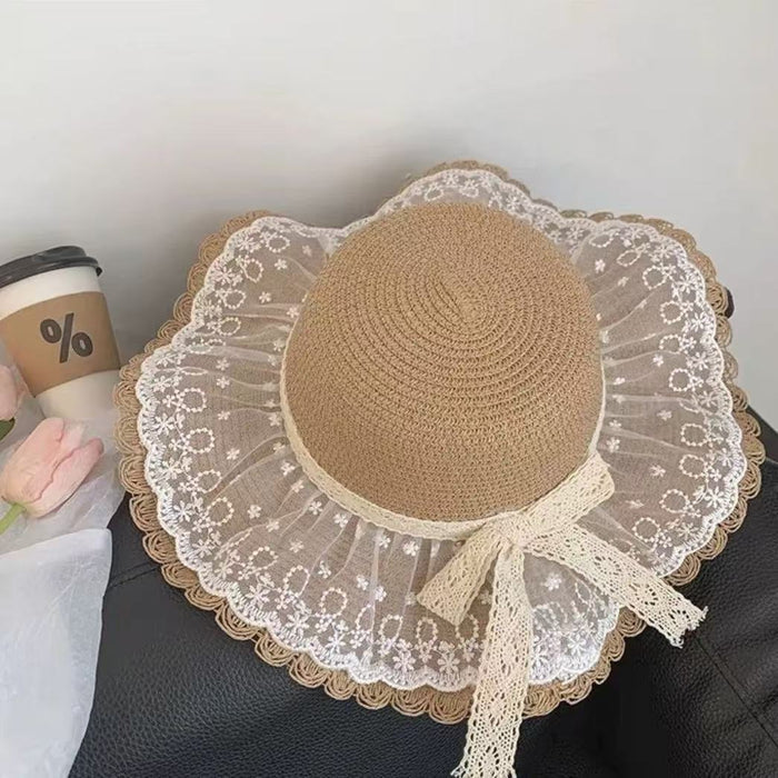Wholesale Straw hat, lace bow, sunshade and sun protection hat, UV resistant sun grass hat