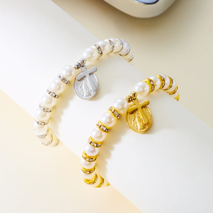 Wholesale Our Lady Cross Pearl Bracelet Gold Heart Imitation Pearl Bracelet