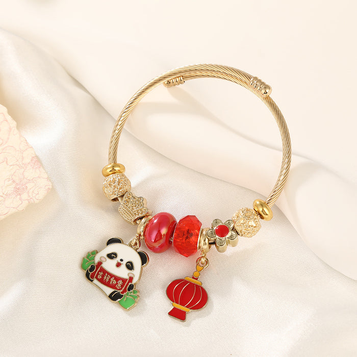 Wholesale Stainless Steel Cartoon Panda Bracelet with Red Lantern Pendant MOQ≥2
