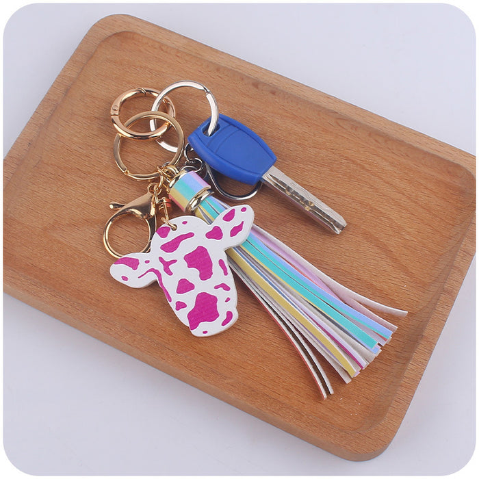 Wholesale Cartoon Western Bull Head Wooden Pendant Creative Colorful Long Tassel Key Ring Pendant