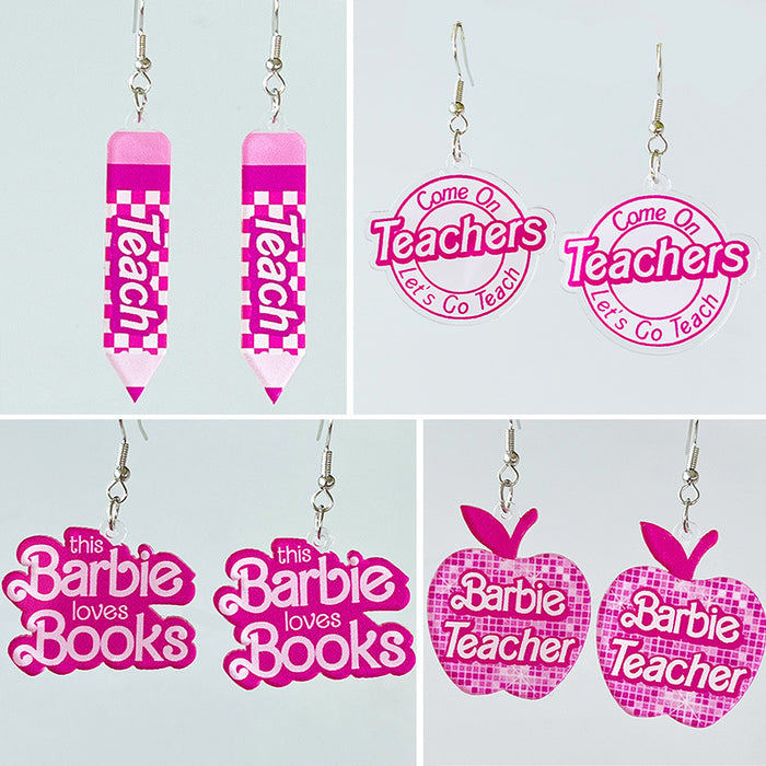 Wholesale 2 Pairs/pack Pink Apple Pencil Teacher Acrylic Earrings JDC-ES-HeYi104