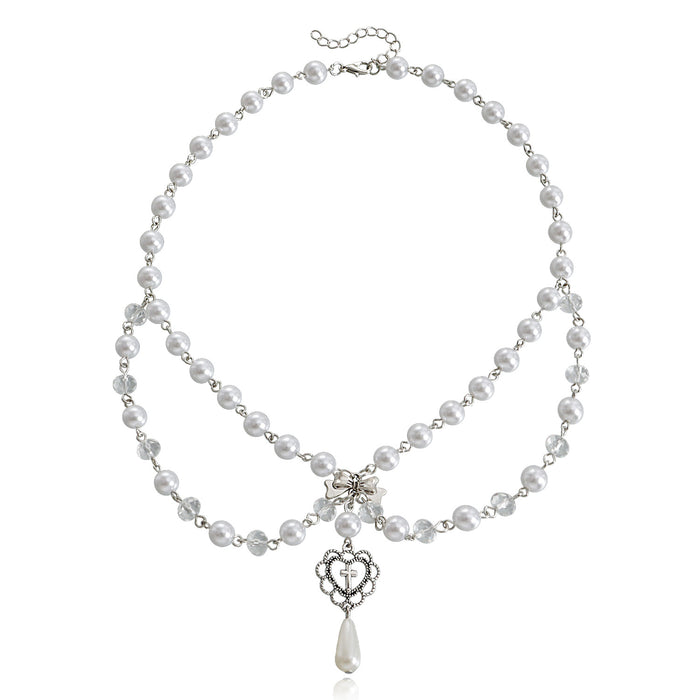 Wholesale Niche design double-layer high-gloss pearl tassel cross star cross necklace for women