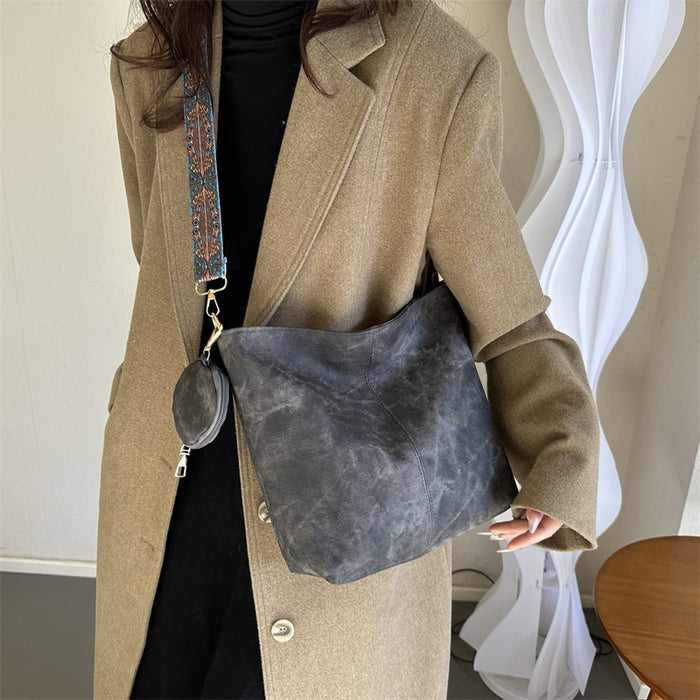 Wholesale Vintage Khaki PU Bucket Bag Large Street Trend Shoulder Crossbody Handbag