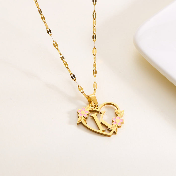 Wholesale Letter Heart Flower Hollow Titanium Steel Necklace Women Creative Stainless Steel Oil Drop Lip Chain Necklace