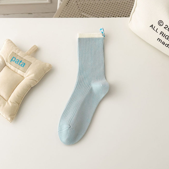 Wholesale Striped mid tube socks with heart-shaped fabric label, double needle long tube stacked socks