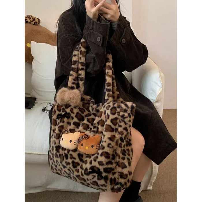 Wholesale Cartoon Printed Plush Bag Women's Autumn and Winter Lazy Large Capacity Leopard Print Shoulder Bag