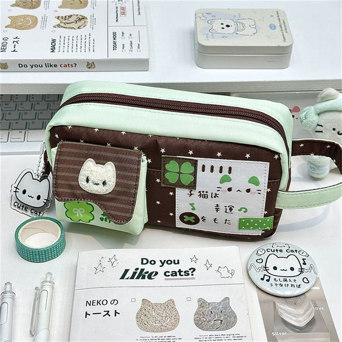 Wholesale Cute Four-Leaf Clover Kitten Pencil Case Polyester Large Capacity Gift