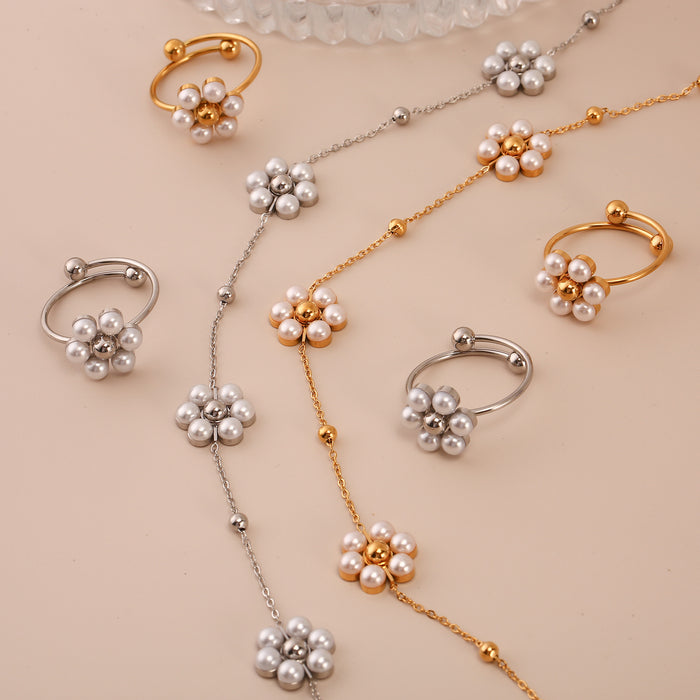 Wholesale Fashion stainless steel daisy flower necklace with pearl inlay, simple petal necklace, ring set wholesale