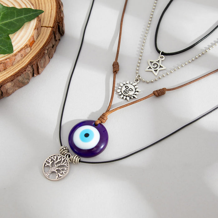 Wholesale Jewelry Round Eye Pendant Bead Set Necklace Retro Multi layer Stacked Necklace