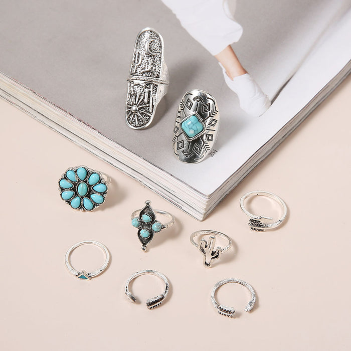 Wholesale Retro Jewelry Cactus Turquoise Sunflower 9-Piece Alloy Set Ring