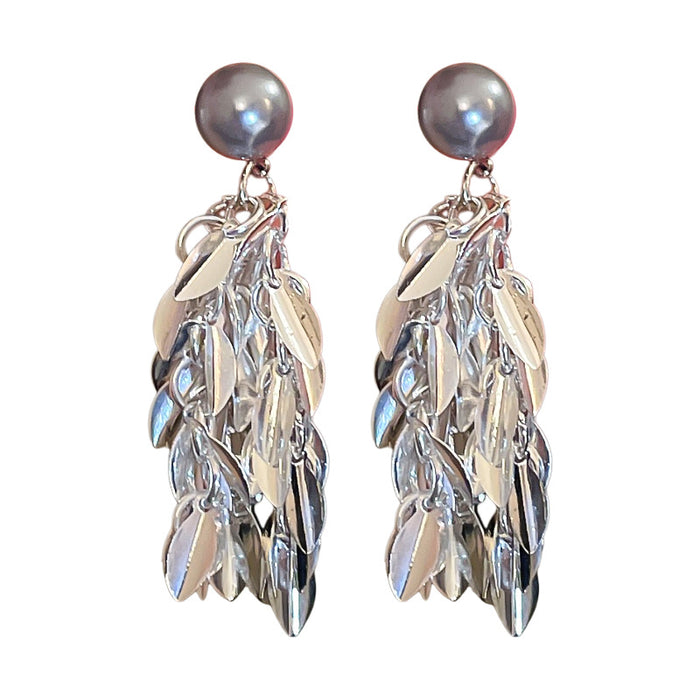 Wholesale metallic leaves tassel imitation pearl silver earrings personality a earrings for women