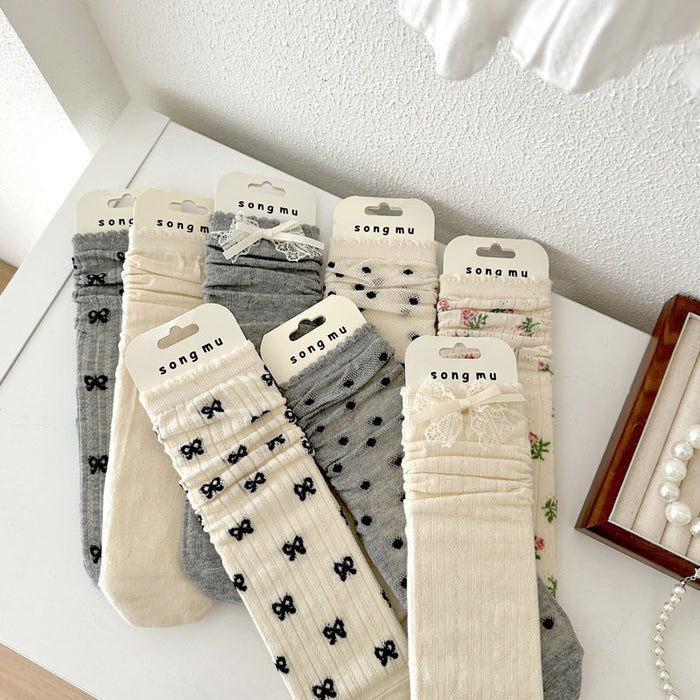 Wholesale Thin mid tube bow lace pile socks with mesh breathable cotton