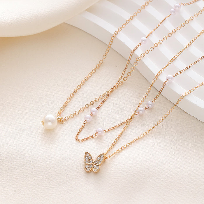 Wholesale Multi-layered Pearl Butterfly Alloy Necklace JDC-NE-ChaoK006
