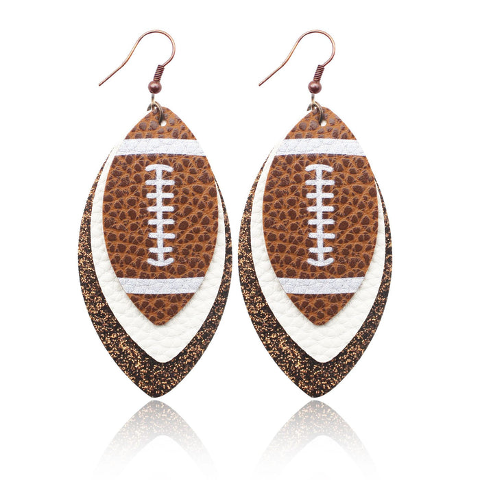 Wholesale Sporty Rugby Brown Leopard Leaves Three-layer Leather Diamond Rugby Earrings