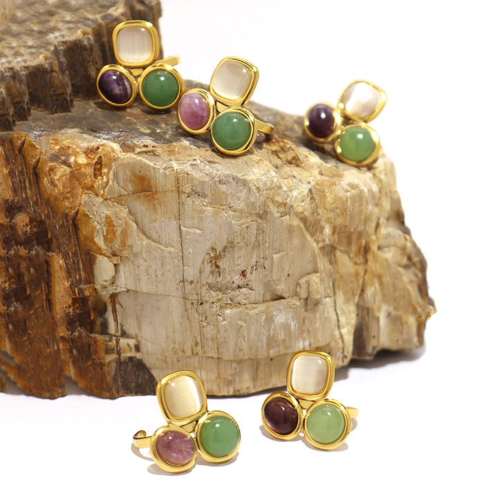 Wholesale Stainless Steel Natural Stone Geometric Open Ring Women Jewelry