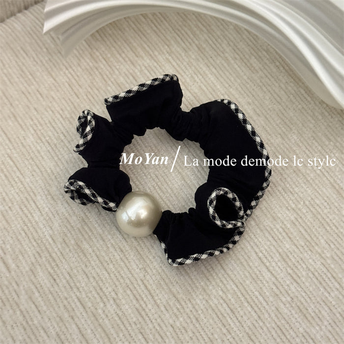 Wholesale Plaid Lace Scrunchie High-End Pearl Bun Hair Tie Ponytail Holder